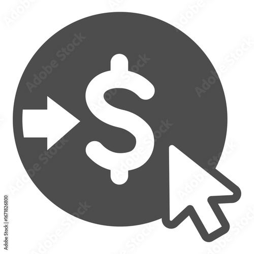 Coin with dollar and mouse pointer solid icon, osint analytics concept. Vector graphics. Choosing currency, money sign on white background, glyph style icon for mobile or web design.