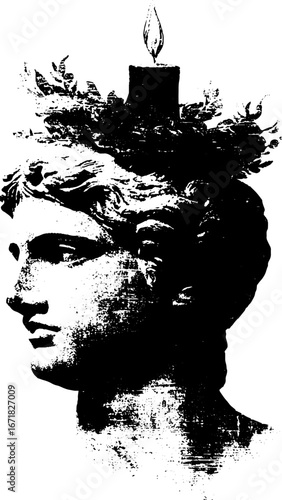 Black and white grunge art of stone statue with candle design for posters or prints