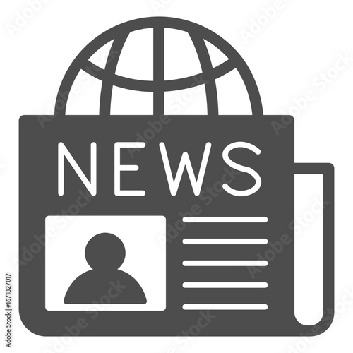 World globe and newspaper solid icon, osint analytics concept. Vector graphics. Paper with news and planet, social worth sign on white background, glyph style icon for mobile or web design.