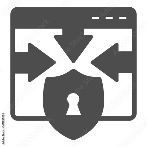 Website and arrows at shield with keyhole solid icon, osint analytics concept. Vector graphics. Privacy lock, safety sign on white background, glyph style icon for mobile or web design.