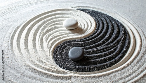 Find inner peace with this balanced Yin Yang zen garden featuring stones and sand for meditation and harmony