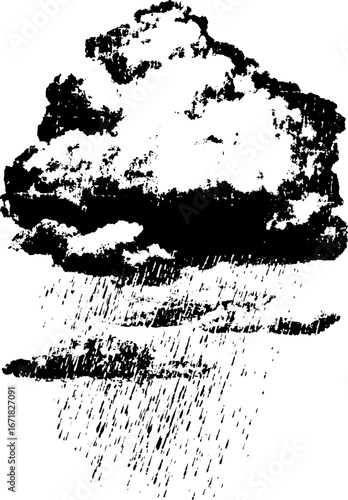 Grunge black and white illustration of a storm cloud with rain for creative design