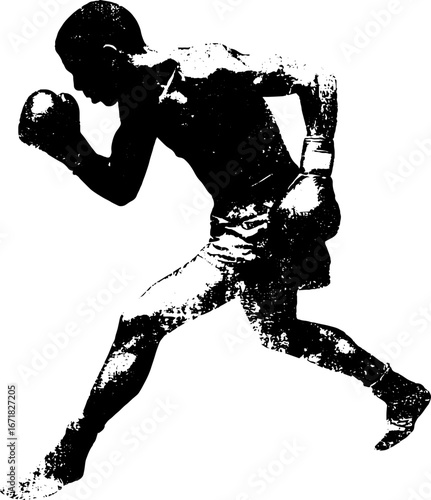 Grunge black and white silhouette illustration of a boxer in action for urban design