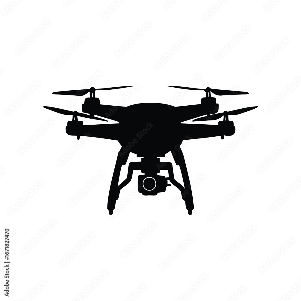 Fototapeta premium Silhouette of a quadcopter drone with camera system for aerial photography, drone capturing aerial photo silhouette vector illustration