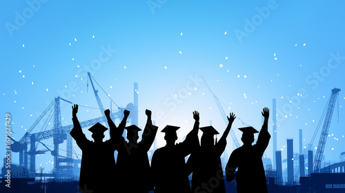Civil engineering graduates celebrate with blueprint confetti and construction equipment symbols. Silhouettes of bridges and architectural structures are visible in the celebratory