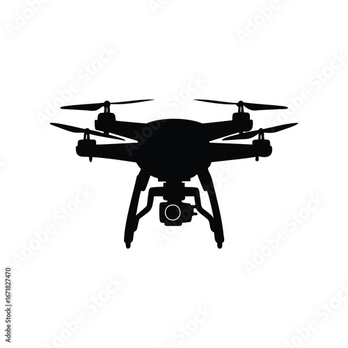 Silhouette of a quadcopter drone with camera system for aerial photography, drone capturing aerial photo silhouette vector illustration