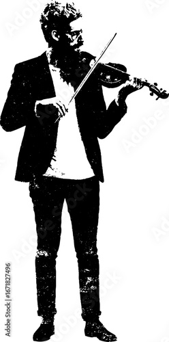 Grunge black and white urban violinist silhouette for creative design projects