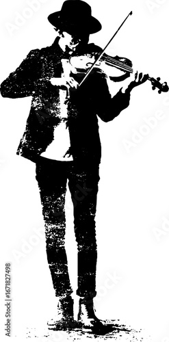 Grunge black and white street musician violin concept for urban art and design