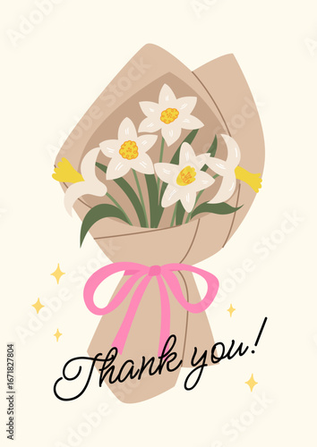 Holiday card with bouquet of yellow daffodil flowers wrapped in kraft paper. Vector flat illustration. Greeting card with thank you quote