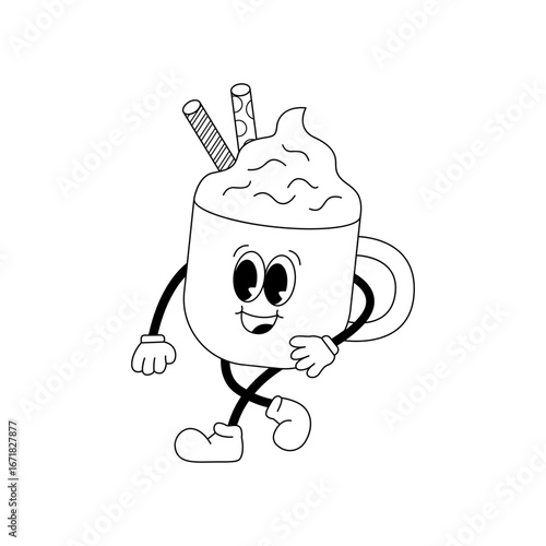 Cute retro character mascot. Cup of coffee latte with candies. Vector holiday outline coloring page illustration