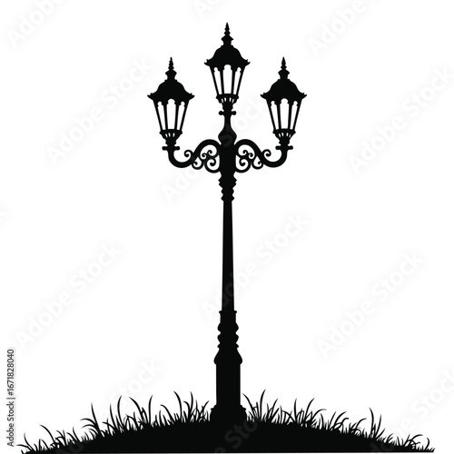 Black silhouette of a vintage triple lamp post with ornate details