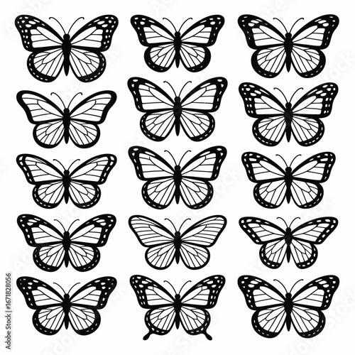 Twelve Black and White Monarch Butterfly Silhouettes on White Background insect flying