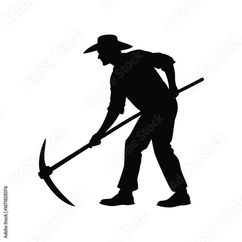 Silhouette of a man with a hat using a pickaxe to dig, farmer using sickle silhouette vector illustration