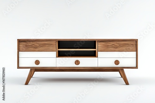 Modern wooden TV stand with white accents