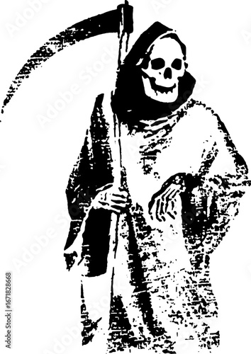 Grunge black and white tarot card design featuring grim reaper