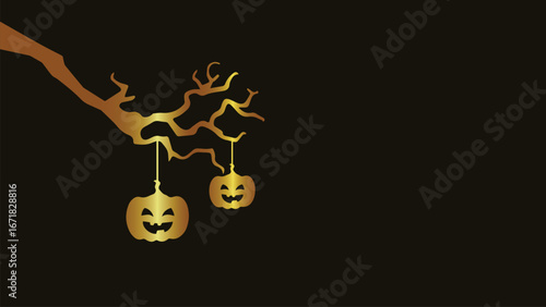 Golden jack o lantern. Hanging pumpkin vector. Halloween branch art. Dark backdrop silhouette. Spooky dangling icon. Glowing twisted branch. Festive pumpkin design. Black background glow. Eerie hang.