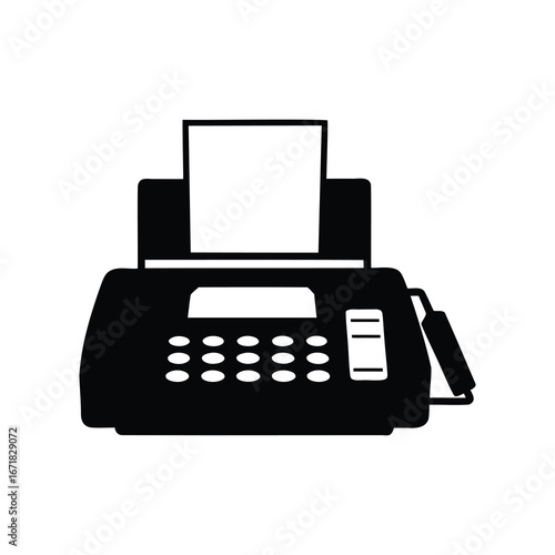 Black and white silhouette of a fax machine with telephone handset, fax machine silhouette vector illustration