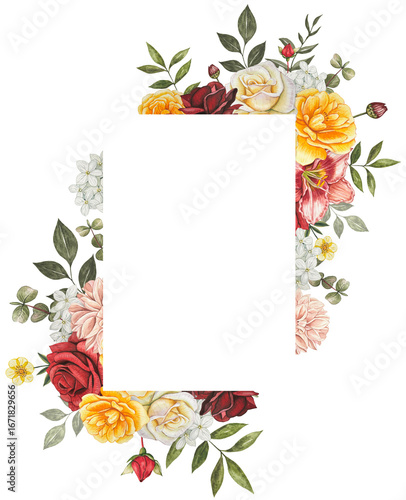 Rectangular frame with autumn flowers. Red, white, yellow roses, lily, dahlia, leaves. Hand drawn watercolor illustration.