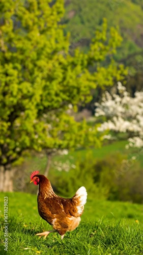 A brown hen stands in a grassy field with a backdrop of lush green trees and blooming blossoms.