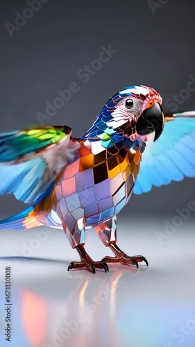 A colorful, geometric parrot, crafted from iridescent, multifaceted glass, stands on a reflective surface.
