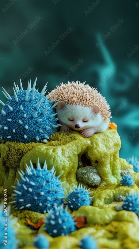 Obraz premium A Sleeping Hedgehog on a Green and Blue Spiky Landscape