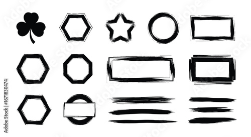 Collection of distressed grunge shapes and brush stroke elements for graphic design projects