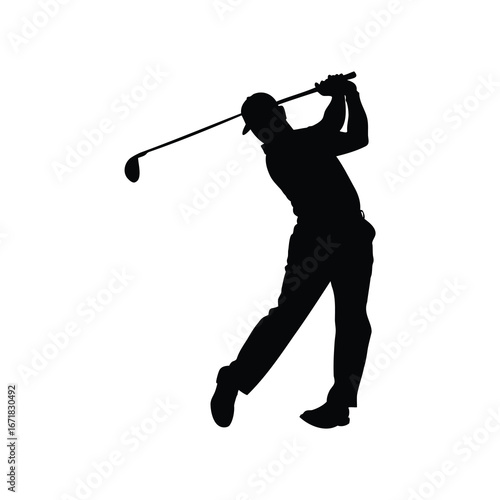 Silhouette of a golfer swinging a golf club in a dynamic pose, golfer hitting iron shot silhouette vector illustration