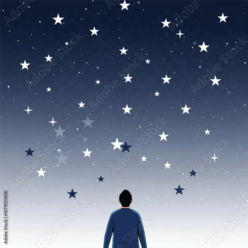 Man gazes at the starry night sky, contemplating the vastness of the universe and feeling a sense of wonder and peace under the celestial display.