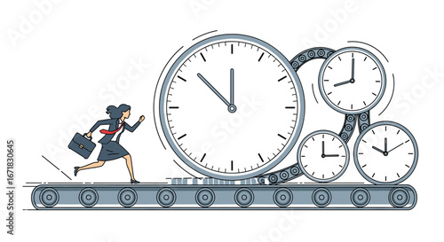 Businesswoman running on a conveyor belt with a series of large clocks symbolizing the pressure of time management in the corporate world