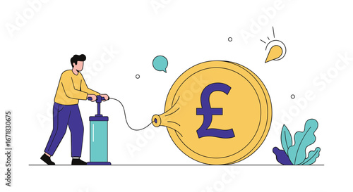 Man pumping air into a large pound coin symbol representing financial growth inflation and economic prosperity