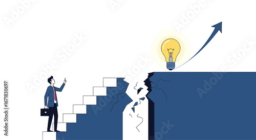Businessman steps up toward a bright idea representing success and overcoming obstacles on a broken career path