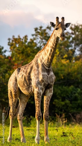 A majestic giraffe stands tall in a lush, grassy savanna, bathed in golden sunlight.