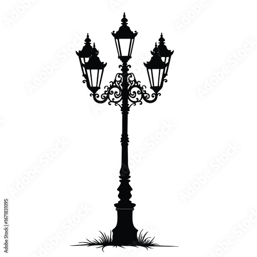 Ornate Black Street Lamp with Five Lights and Grass