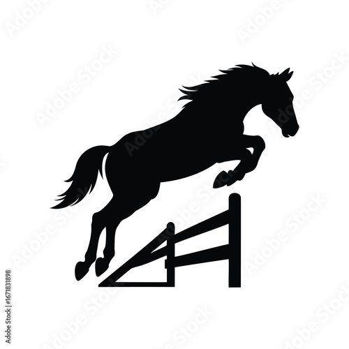 Elegant black silhouette of a horse gracefully jumping over a rustic fence, horse jumping over hurdle silhouette vector illustration
