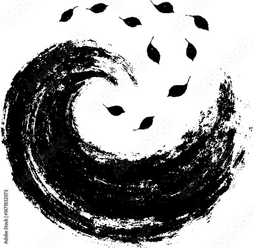 Grunge black and white windy swirl with leaves for artistic design