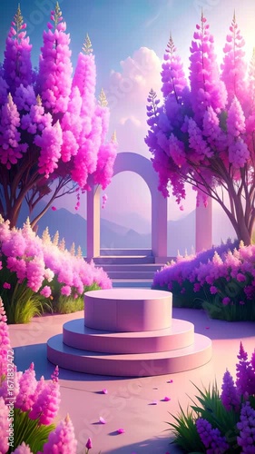 A serene garden setting with vibrant pink blossoms and a pedestal, bathed in soft light.