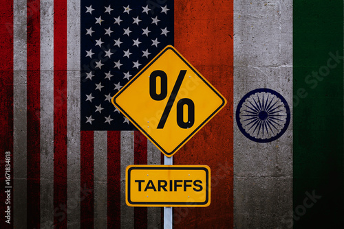 Tariffs and Sanctions between United States and India. Crisis, concept. Yellow road sign tariffs