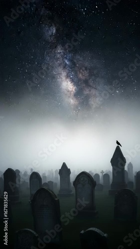 Cemetery under starry sky with galaxy, eerie graveyard, foggy night, tombstones, raven silhouette, spooky atmosphere, cosmic landscape.