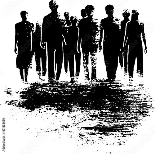 Grunge black and white silhouette of zombie horde for horror designs