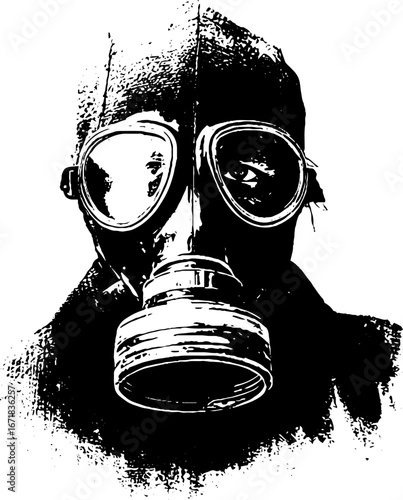 Grunge black and white zombie with gas mask art for halloween design