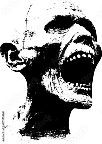 Grunge black and white illustration of a zombie scream for halloween design