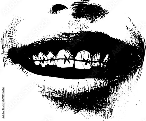 Grunge black and white illustration of zombie with distressed texture for urban art design
