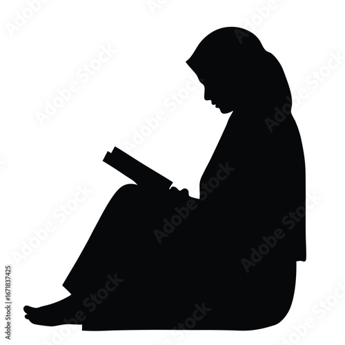 Black silhouette of a person wearing a hijab reading a book