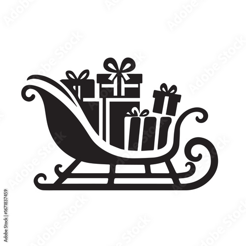 Vector art of black silhouette of santas sleigh filled with gift boxes tied with bows