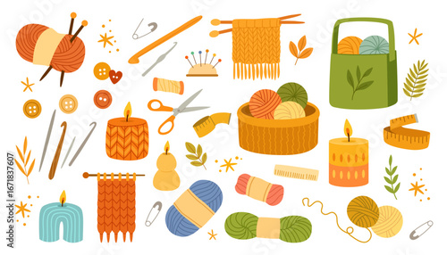 Collection of Cozy Craft Supplies with Yarn Knitting Needles Crochet Hook Scissors Thread Candles and Creative DIY Tools