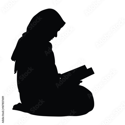 Black silhouette of a person wearing a hijab reading a book