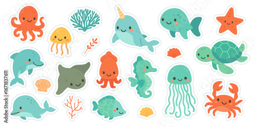 Cute Sea Creature Stickers Octopus Turtle Narwhal Dolphin Stingray Jellyfish Seahorse and Coral Reef Vector Art for Kids and Ocean Designs