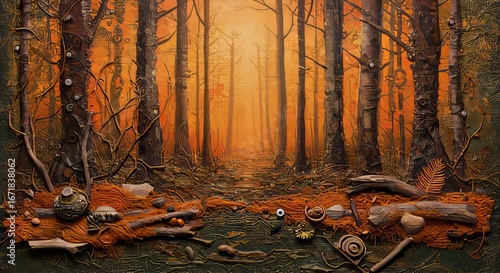 An artistic representation of a dense forest with prominent trees and forest floor detritus in shades of orange, brown, and green.