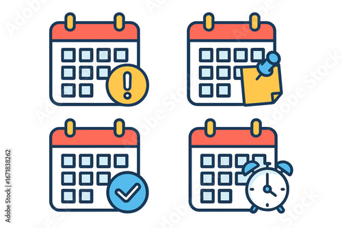 Calendar icon set for business planning and time management. Reminder, event schedule, appointment deadline, and notification alert vector icons. Organizer for agenda plans.