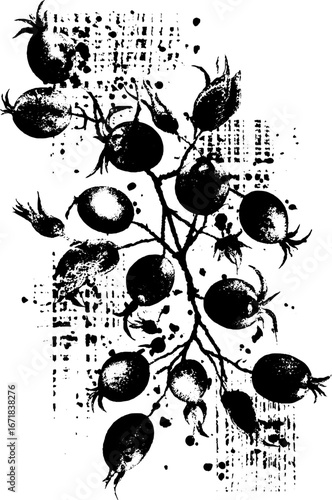 High contrast black and white stencil of rose hip pattern for urban art and design